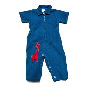Sears Toddler Blue Corduroy Giraffe Coveralls Jumpsuit 18 Months Zipper Snaps,